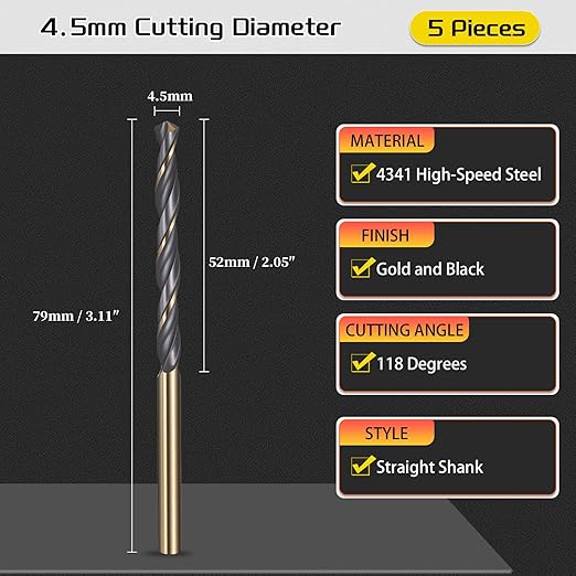 Drill Bit, 4.5mm Cutting Diameter, 4341 HSS Gold and Black 118° Cutting Angle Number Jobber Bits - (Applications: for Drilling Soft Metal Plastic Wood), 5-Pieces