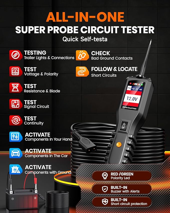 ANCEL PB100 Automotive Power Circuit Probe Tester, 12 24V Electrical Short/Open Breaker Finder, AC DC Diode Resistance Relay Tester, Continuity Test Digital Multimeter/Ohmmeters, 20 + 20FT Cable