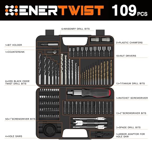ENERTWIST Drill Bit Set, Drill Bits for Metal, Wood, Masonry-109Pcs Titanium, High Speed Steel Drill Bit Screwdriver Bit Set with Ratchet Screwdriver in Storage Case