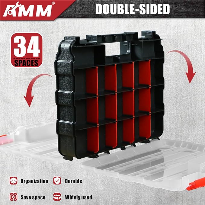 AMM Tool Box, Double Side Tool Box Organizer with 34 Compartments, Removable Dividers, Tackle Box Small Parts Screw Hardware Organizer for Screws, Nuts, Nails and Bolts (1 Piece, Red)
