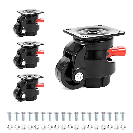 Nefish Heavy Duty Leveling Machine Casters 2200 LBS, Upgraded Ratchet Arm Design Leveling Retractable Castors Set of 4, Aluminum Base & Industrial Grade Rubber Workbench Caster for Industrial, Machine
