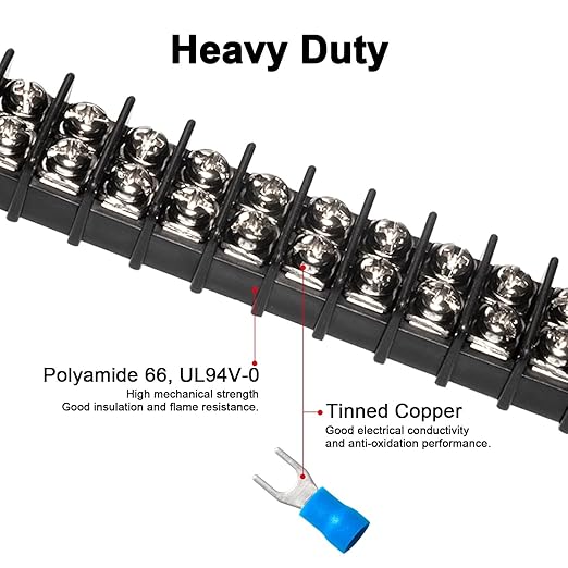 MILAPEAK Terminal Block - 2 Pack 12 Positions 200v-450v 20-30A Dual Row Screw Terminals Strip + 48 PCS Copper Wire Fork Connectors