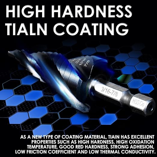 M35 Cobalt Step Drill Bit, Four Spiral Flute Unibit Step Drill Bit (3/16"-7/8") Wear-Resistant TiAlN Coated, 1/4" Hex Shank for Metal, Carbon Steel, Stainless Steel, Wood, Plastic (12 Size)