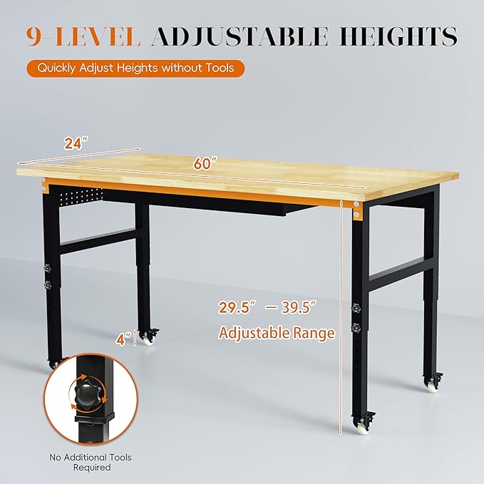 60" Adjustable Workbench on Wheels, 2000 LBS Heavy Duty Work Table with Power Outlets & Pegboard, Rubber Wood Workstation for Garage, Workshop, Office, Home, Commercial