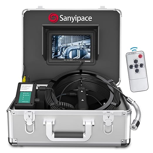 Sanyipace Sewer Scope Camera, 1080P FHD, 165FT/50M, 5X Zoom in, Remote Control, Sapphire Lens, Battery Level Display, Drain Inspection Camer with 12 Adjustable LED Lights, 7'' LCD Screen,16GB TF Card