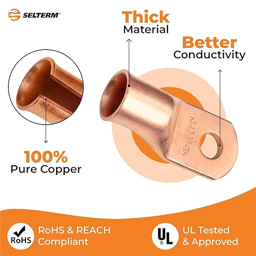 SELTERM 25pcs 4/0 AWG 3/8" Stud Battery Lugs, Ring Terminals, Heavy Duty Copper Wire Lugs, Battery Cable Ends, 0000 Gauge Ring Terminal Connectors, UL Bare Copper Eyelets Electrical Battery Cable Lugs