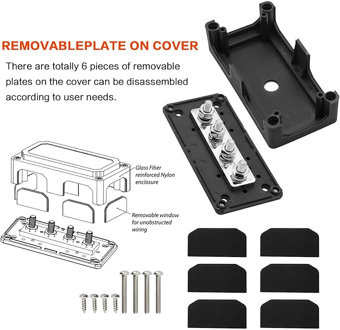 300A Bus Bar Box Nickel Plated Brass Power Distribution Block with 4xM8 (5/16 inch) Terminal Studs Negative Ground Battery Junction Block Buss Bar with Cover DC12 24 48V for Trailer Marine