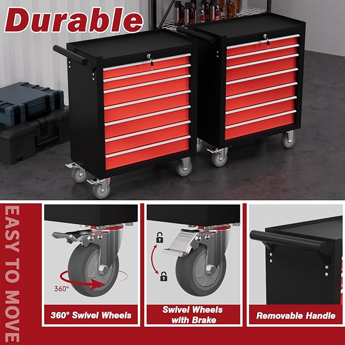 Rolling Tool Chest with Drawers, 7 Drawers Tool Chests & Cabinets, Metal Toolbox with Wheels, Lockable Storage Cabinet, Garage Tool Box with Drawers (BlackRed, 7 Drawers)