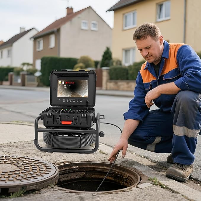 Sanyipace Sewer Camera 165FT/50M with 512Hz Transmitter, Self-Leveling, Distance Counter, Plumbing Inspection Cámara with Microphone Speaker Audio Video Record, 32GB TF Card, Pipe Pulley (7mm Cable)