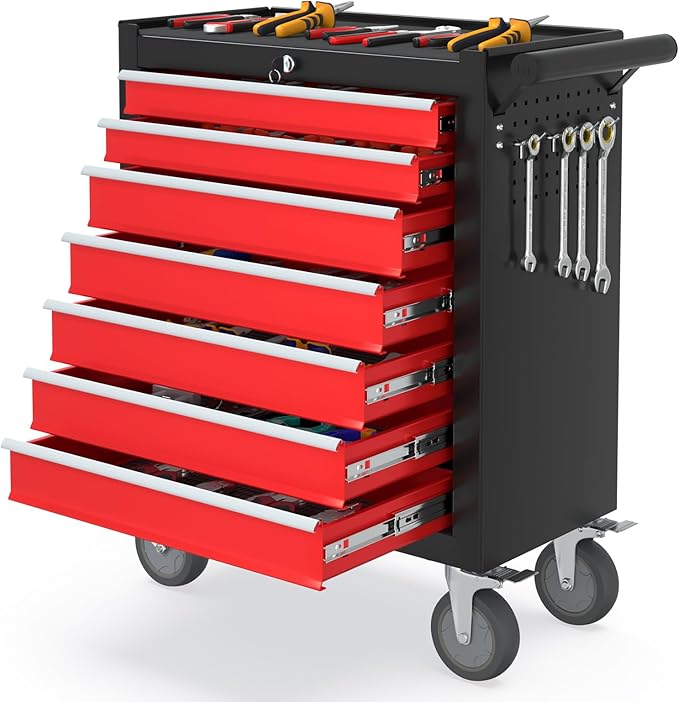 7 Drawers Metal Rolling Tool Chest, Portable Storage Rolling Tool Box, Toolbox on Wheels for Warehouse, Garage, Repair Shop and Tool Room