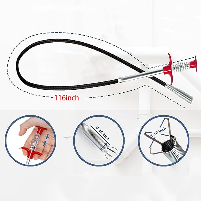 Flexible grabberDrain Snake Tool - The Ultimate 116inch Flexible Grabber for Hair, Unclog Any Drain in Minutes! Gunk & Debris in Sinks, Showers & Tubs. No More Chemicals, Just Quick Results!