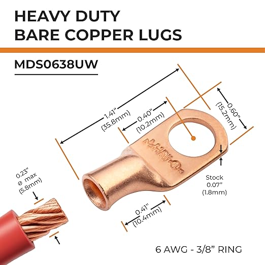 SELTERM 10pcs 6 AWG - 3/8" Stud - Battery Lugs, Heavy Duty Wire Lugs, Ring Terminals, Battery Cable Ends,6 Gauge Terminals, UL Bare Copper Eyelets Electrical Battery Terminal Connectors