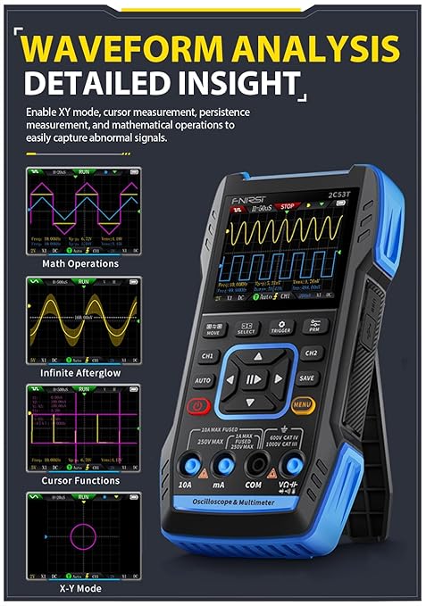 【FNRSI Newest Upgraded 2C53T with 2 P6100 Probe】 3In1 Oscilloscope/Multimeter/DDS Signal Generator 50MHz Bandwidth 250MS Sampling Rate 20000 Count RMS for Voltage, Current, Capacitor, Resistor, Diode