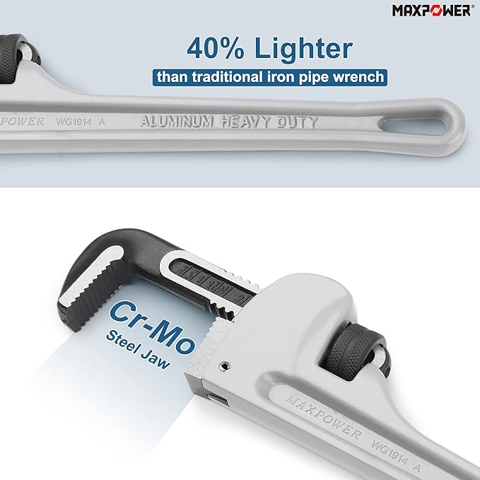 MAXPOWER 14-Inch Pipe Wrench, 40% Lighter Aluminum Plumbing Wrench, Heavy Duty Straight Pipe Wrenches Jaw Max Capacity 2 inch