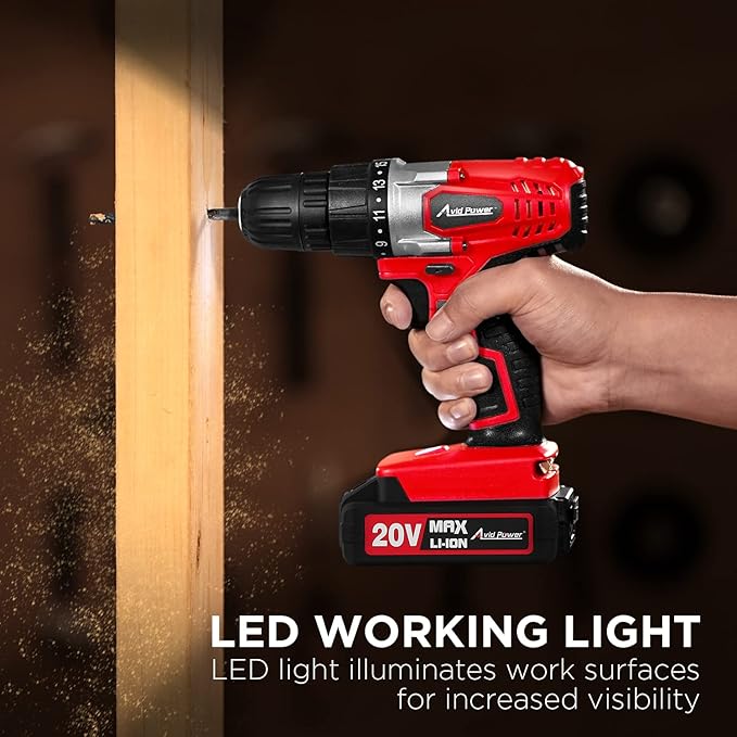 AVID POWER 20V MAX Lithium lon Cordless Drill Set, Power Drill Kit with Battery and Charger, 3/8-Inch Keyless Chuck, Variable Speed, 16 Position and 22pcs Drill Bits (Red)