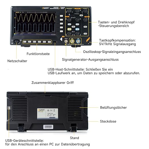 OWON Digital Oscilloscope with Dual-Channel Channels and Screen 7 inch, TFT-LCD Display, Portable Oscilloscope with 1GS/s Sampling Rate, Bandwidth 150MH,8K Waveform Length,SDS215S