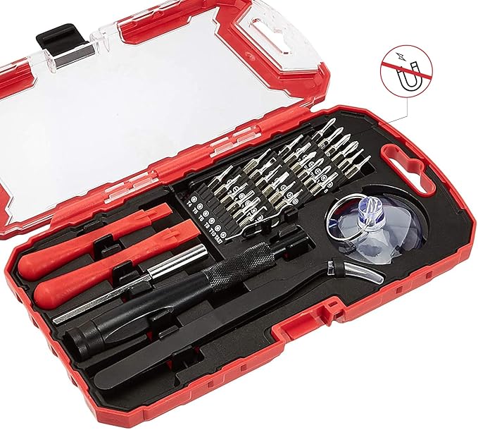 Amazon Basics Electronics Screwdriver Set, 32-Piece Tool Kit for Repair and Maintenance, Red
