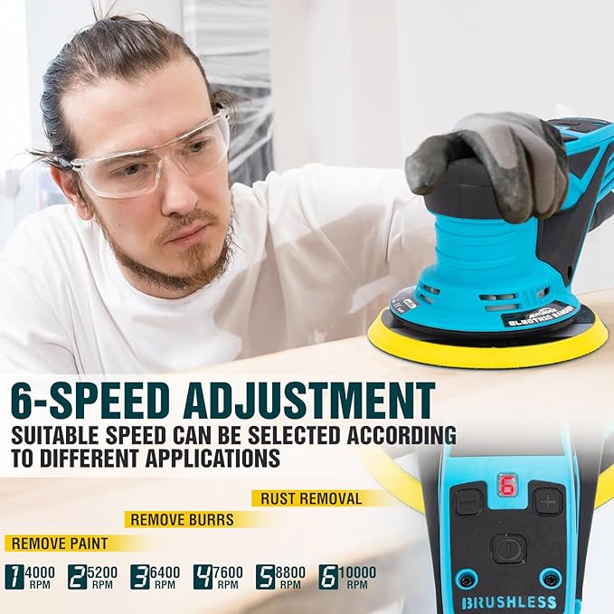 Autolock Electric Random Orbital Sander, 350W Brushless Motor with 5 & 6 Inch pads, 10000RPM Electric Palm Sander for Woodworking, Sanding and Polishing (Blue)