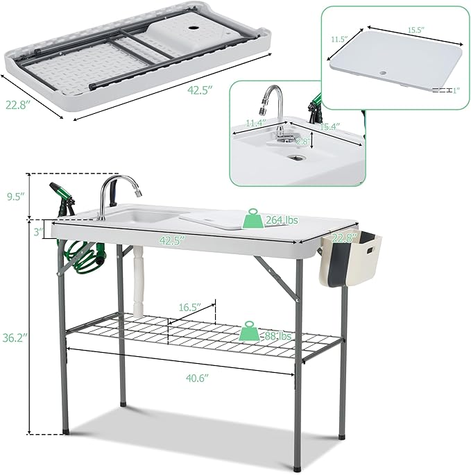 Dragosum Outdoor Sink Fish Cleaning Table Portable Camping Table with Faucet Hose Hook Up Grid Rack, Fish Fillet Camping Sink Table with 7pc Fish Cleaning Kit for Picnic Beach Patio(Grey)