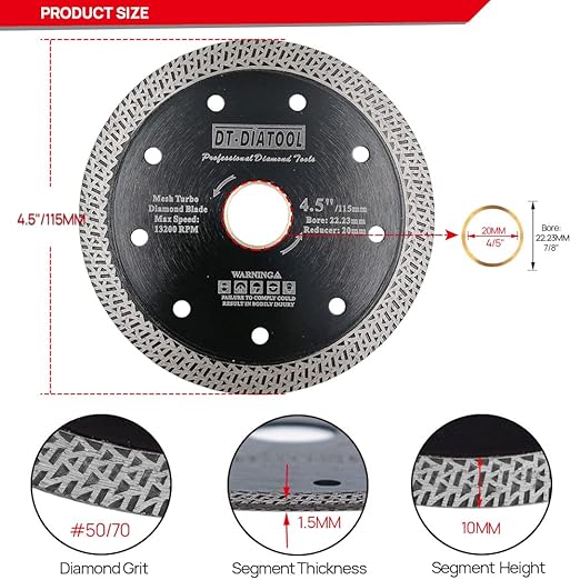 DT-DIATOOL Diamond Granite Blade 4-1/2 Inch for Marble Porcelain Tile Ceramic Diamond Cutting Disc with Mesh Turbo Diamond Segments Pack of 5