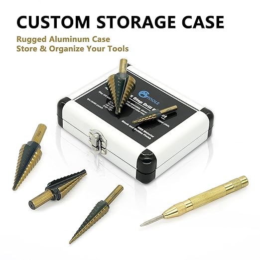 Step Drill Bit Set - Black and Gold, 6 Pcs High Speed Steel Unibit Drill Bits, Stepped Up Bits & Automatic Center Punch, DIY Lovers with Aluminum Case, Total 50 Sizes for Metal