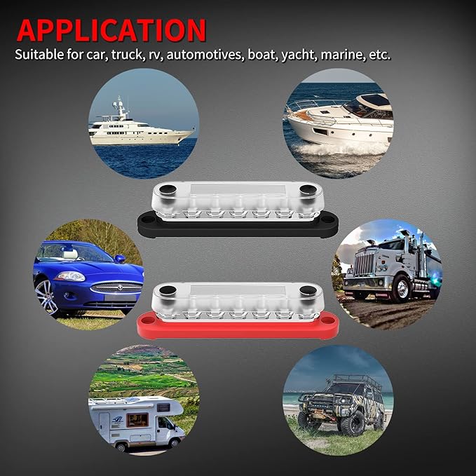 DAIERTEK Battery Bus Bar 12V Marine 7 x 1/4" (M6) Power Distribution Block with Cover 12V - 48V Positive & Negative Busbar Terminal Block for Automotive Car Boat