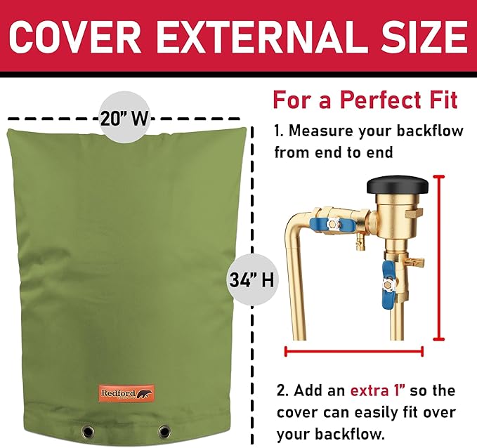 Redford Supply Co. Cold Snap (5°F) Backflow Preventer Insulation Cover, 20"W x 34"H, Pipe Insulation, Water Sprinkler Covers for Outside, Sprinkler Backflow Cover for Winter, Well Pump Bag (Green)
