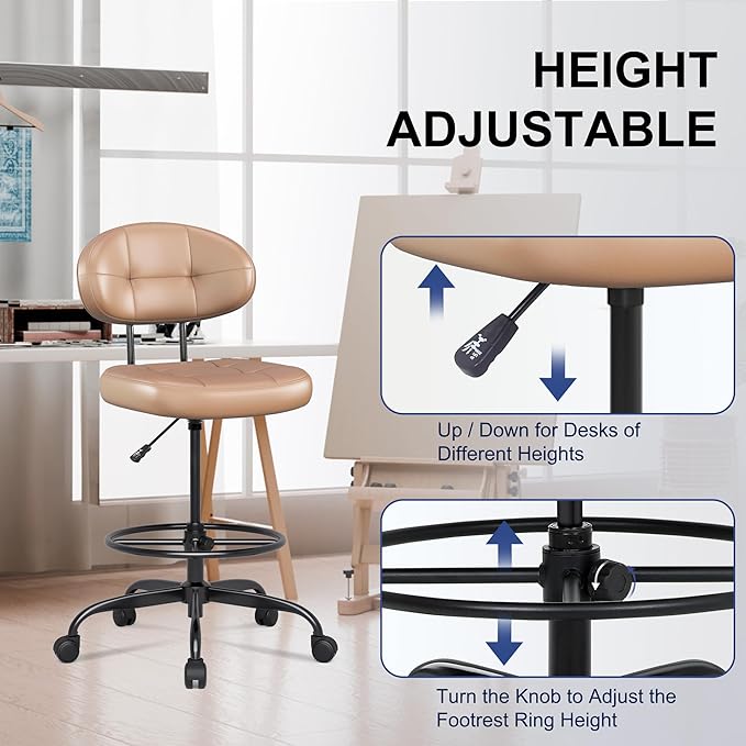 Misolant Drafting Chair Without Arms, Tall Office Chair with Footrest Ring for Standing Desk, Small Faux Leather Executive Office Chair with Adjustable Height for Bar Lab Counter Height Desk, Brown