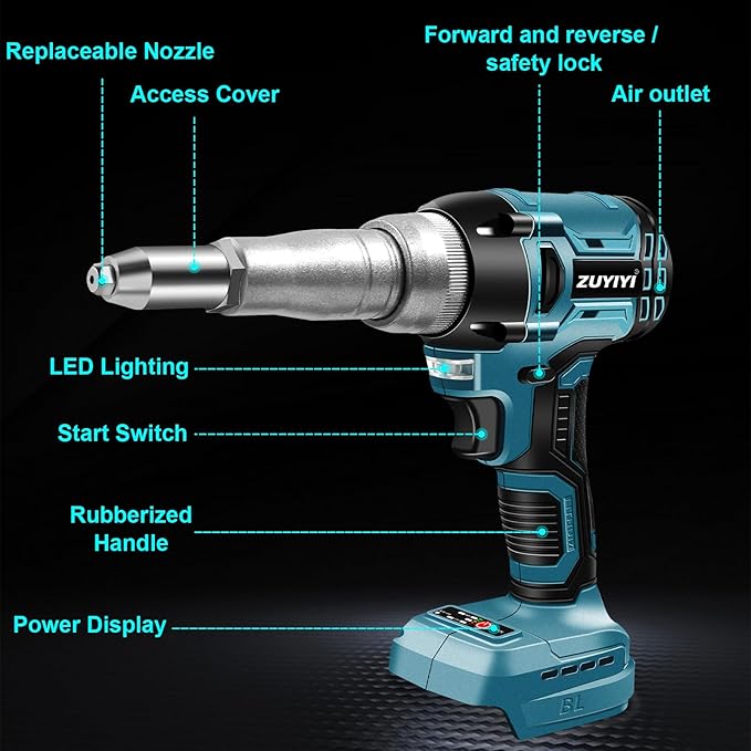 Cordless Rivet Gun Tool Compatible with Makita 18V Battery(No Battery), Electric Automatic Pop Rivet Gun, Brushless Blind Riveter Kit for 3/32", 1/8", 5/32", 3/16"