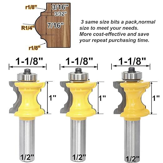 3Pcs Bull Nose Bead Molding Router Bit,1/2" Shank 1" CL,Bullnose and Cove Columns for Furniture Edge Trim,Wood-face Cutter for Architraves Profiles,Framing and Edge Moulds (3Units/Pack)