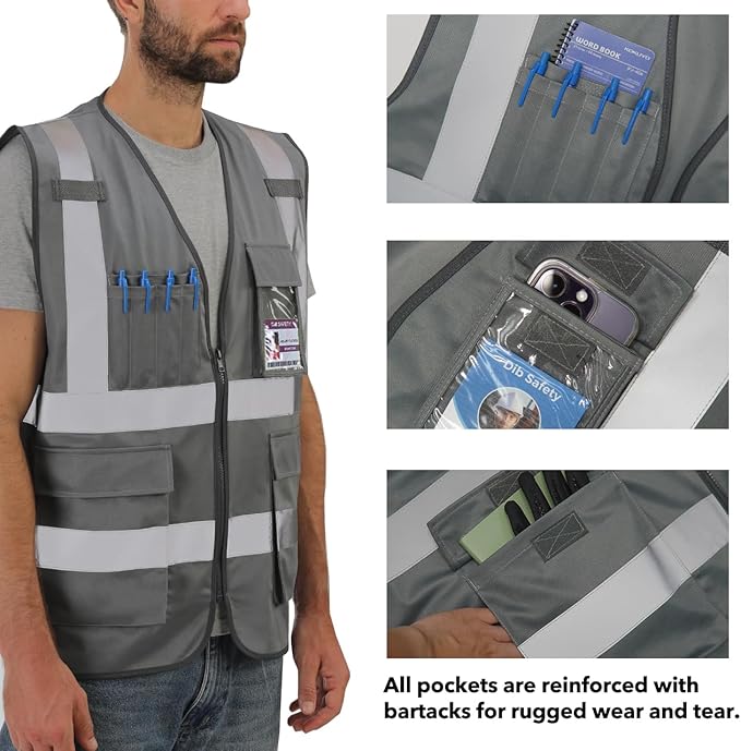 Dib Safety Reflective Vest High Visibility with Pockets and Zipper, Gray 2XL