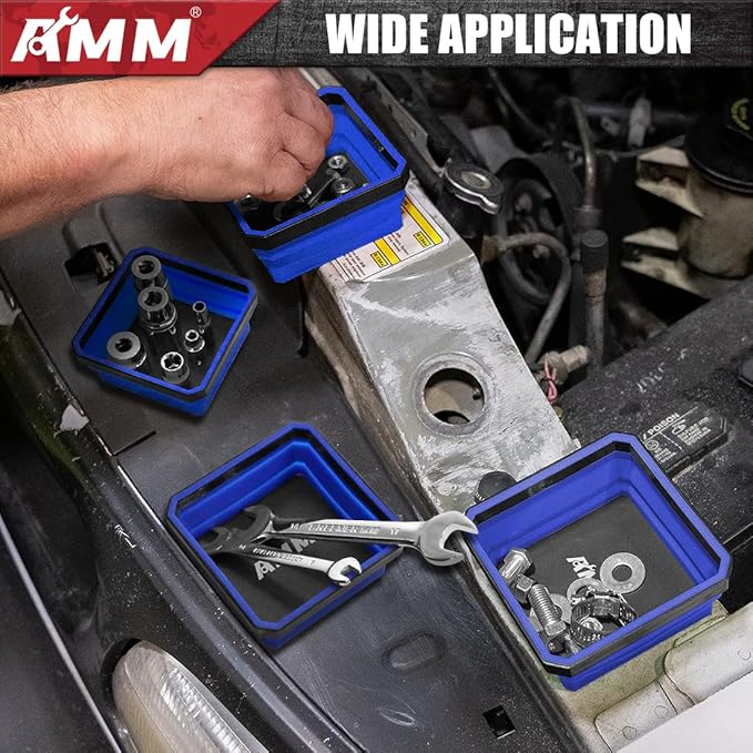 AMM Magnetic Tray, 4PC Foldable Magnetic Tool Tray Set for Bolts Screws Nuts & Small Metal Parts, Mechanic Tool Present for Men, 4.5 Inch Square (4PC, Blue)