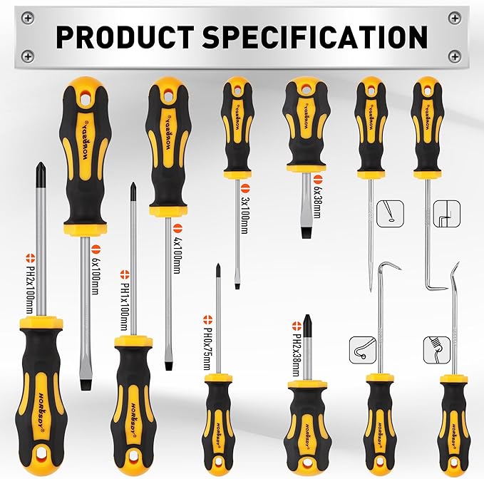 HORUSDY 13-Pieces Screwdriver Set, Magnetic 4 Phillips and 4 Flat Head Tips and Precision Automotive Hook Set for Fastening and Loosening Seized