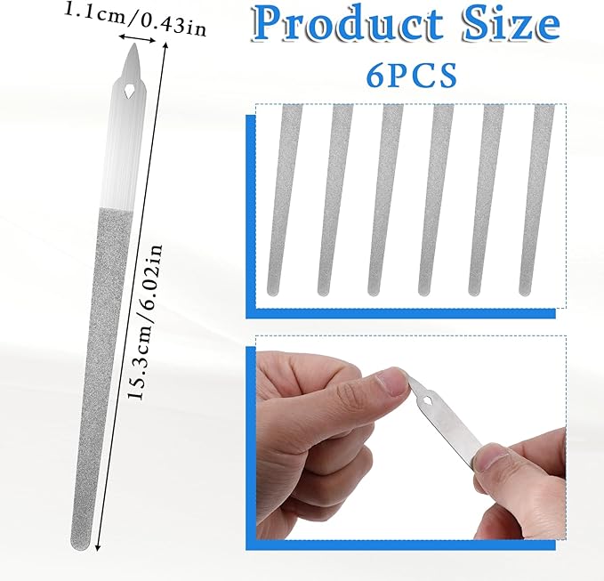 6Pcs Diamond Metal Nail Files, Double Sided Nails File, Thin Stainless Steel Manicure Pedicure Tools with Sharp Pointed Tip Individually Wrap for Women Men Salon Home(6Inch)