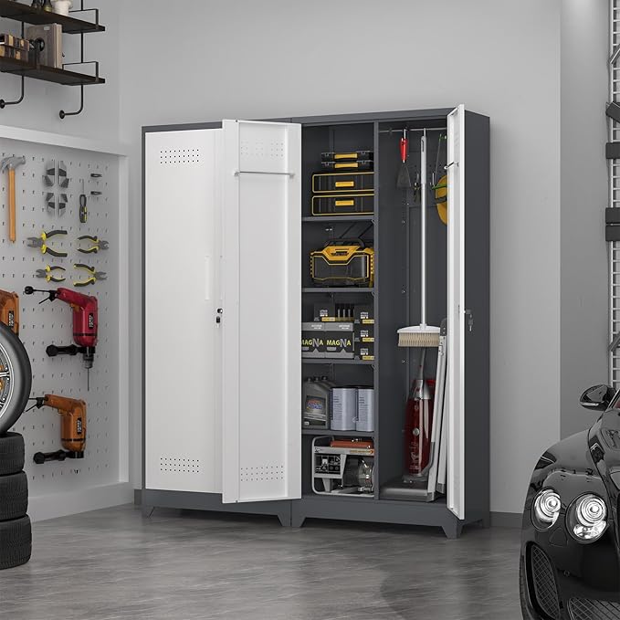 72.8" H Utility Closet Cabinet, Broom Closet Storage Cabinet with Locking Doors, Garage Tool Cabinets with Hanging Rod, Cleaning Storage Cabinets for Garage,Bedroom Office Grey&White