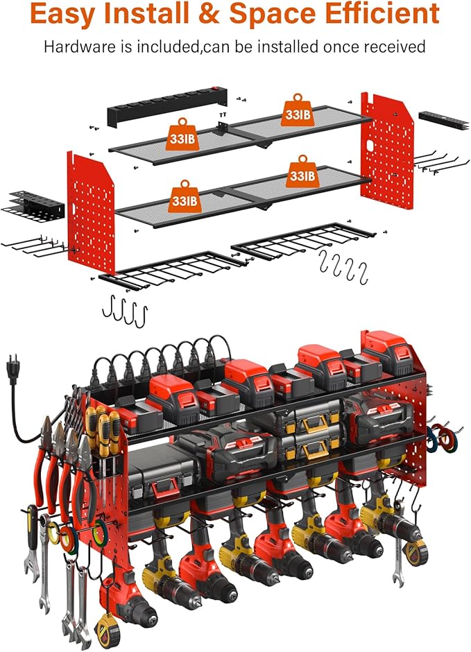 JUNNUJ Large Pegboard Power Tool Organizer with Charging Station, 8 Drills Driver and Tools Battery Holder Wall Mount with 8 Outlet Power Strip, Red 3-Layer Shop Garage Storage Utility Rack