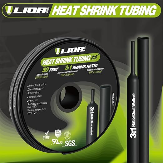 50FT 3:1 Heat Shrink Tubing - Adhesive-Lined Marine Grade, Black 3/8 inches - Ideal for Home, Automotive & Industrial Applications