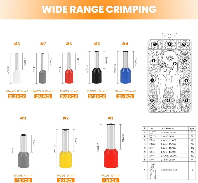 HARDELL+ Ferrule Crimping Tool, AWG 23-7 Wire Ferrule Kit with 1200PCS Terminals, Self-adjustable Ratchet, Square Ferrule Crimper Suitable for Wire Terminals, Cables End-sleeves