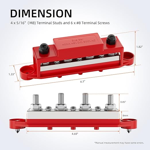 400A Power Distribution Block 12V Bus Bar 4 x 5/16" (M8) Terminal Studs and 6 x #8 Terminal Screws 12 Volt Marine Bus Bar Positive & Negative