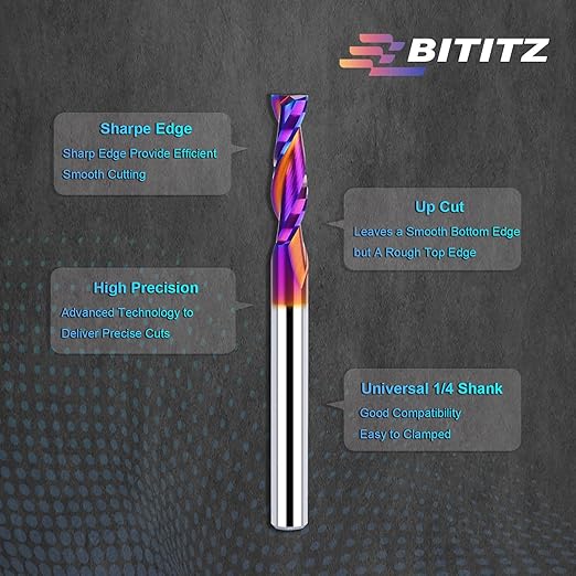 2PCS 1/4 Upcut Spiral Router Bit 1/4 Inch Shank 1 inch Cutting Length with Extra Long Life Coating CNC Router Bits End Mill for Wood Cutting, Slot Mortise, Engraving