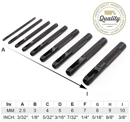 Spurtar Hollow Punch Set 9 Pieces 2.5-10.0mm Heavy Duty Carbon Steel Round Leather Hole Tool Leather Punch Set Kit for Watch Cloth Belt Gaskets with Storage Bag (Black)