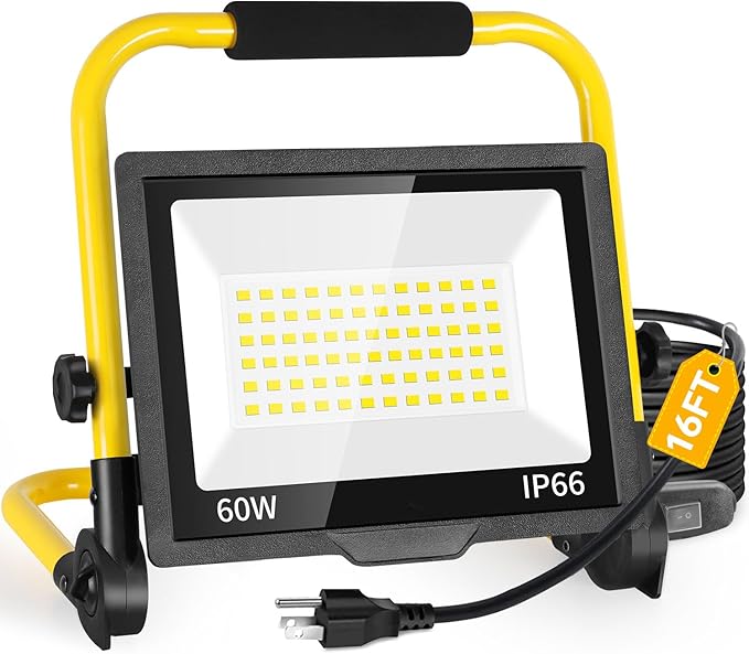 7200LM LED Work Light with 16FT Cord & Switch, 60W Outdoor Flood Light, IP66 Waterproof Portable Job Site Lighting with Stand, 5000K Dayight Worklight for Construction Garage Workshop Car Repairing