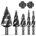 THINKWORK Four Spiral Flute Step Drill Bit Set (Metric), 5 Pcs HSS Step Drill Bits (4mm-35mm) Unibit Step Drill Bit, 6mm and 10mm Shank Step Bits for Aluminum, Wood, Plastic, Metal