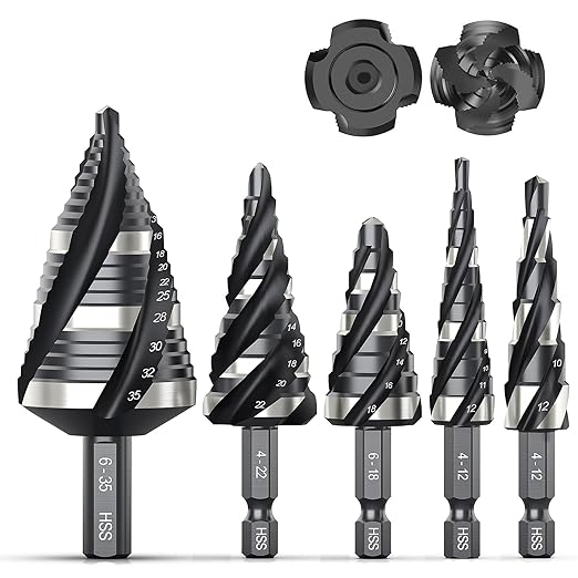 THINKWORK Four Spiral Flute Step Drill Bit Set (Metric), 5 Pcs HSS Step Drill Bits (4mm-35mm) Unibit Step Drill Bit, 6mm and 10mm Shank Step Bits for Aluminum, Wood, Plastic, Metal