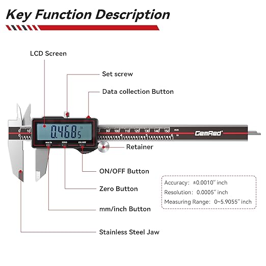 GemRed Digital Caliper 6 Inch/150 mm, Wireless Data Transfer to Excel, Stainless Steel Electronic Micrometer with Large LCD, IP54 Waterproof, Auto-Off, Inch/mm Conversion