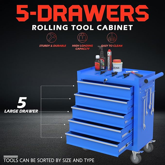 5-Drawer Rolling Tool Chest With Wheels and Locking System - Portable Metal Box for Warehouse, Garage, Repair Shop, Workshop (Blue)
