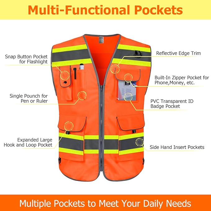 TCCFCCT Reflective Safety Vest for Men Women 9 Pockets High Visibility Vest with Fluorescent Yellow Extend Edge, Hi Vis Security Work Vest for Surveyors, Durable and Breathable, (DB-Orange, XX-Large)