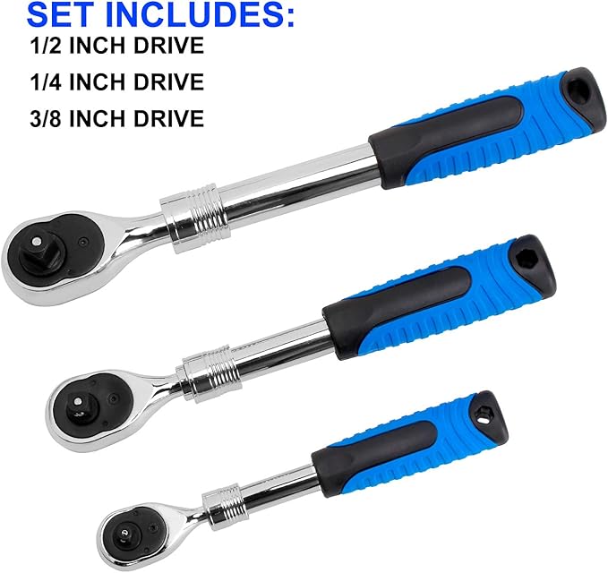 3-Piece 1/4" 3/8" 1/2-Inch Drive Socket Ratchet Set Extendable Handle Wrench Quick-Release Reversible Gear Torque Spanner Mechanical Tools