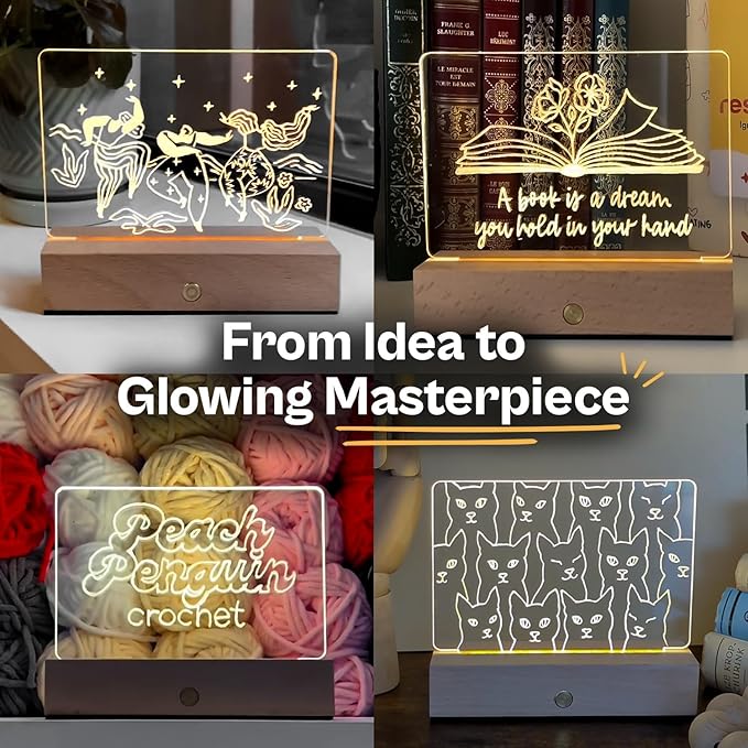 Resparked Creation Series Acrylic Night Light Lamp Crafting Kit –Personalized Engraving, Rechargeable Base, Step-by-Step Instructions, Stencils, and Practice Material for Home Décor or Gift-Giving