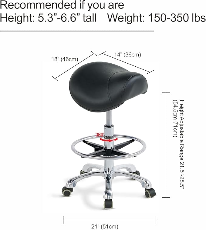 Grace&Grace Ergonomic Rolling Saddle Stool Chair with Wheels Adjustable Swivel Stool with Back and Footrest Heavy Duty for Esthetician, Artist, Dental, Medical, Spa, Salon, Cutting, Home Office
